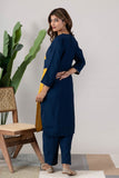 KUDIORY Women Navy Blue & Mustard Yellow Colourblocked Kurta with Straight Pants Co-Ord Set