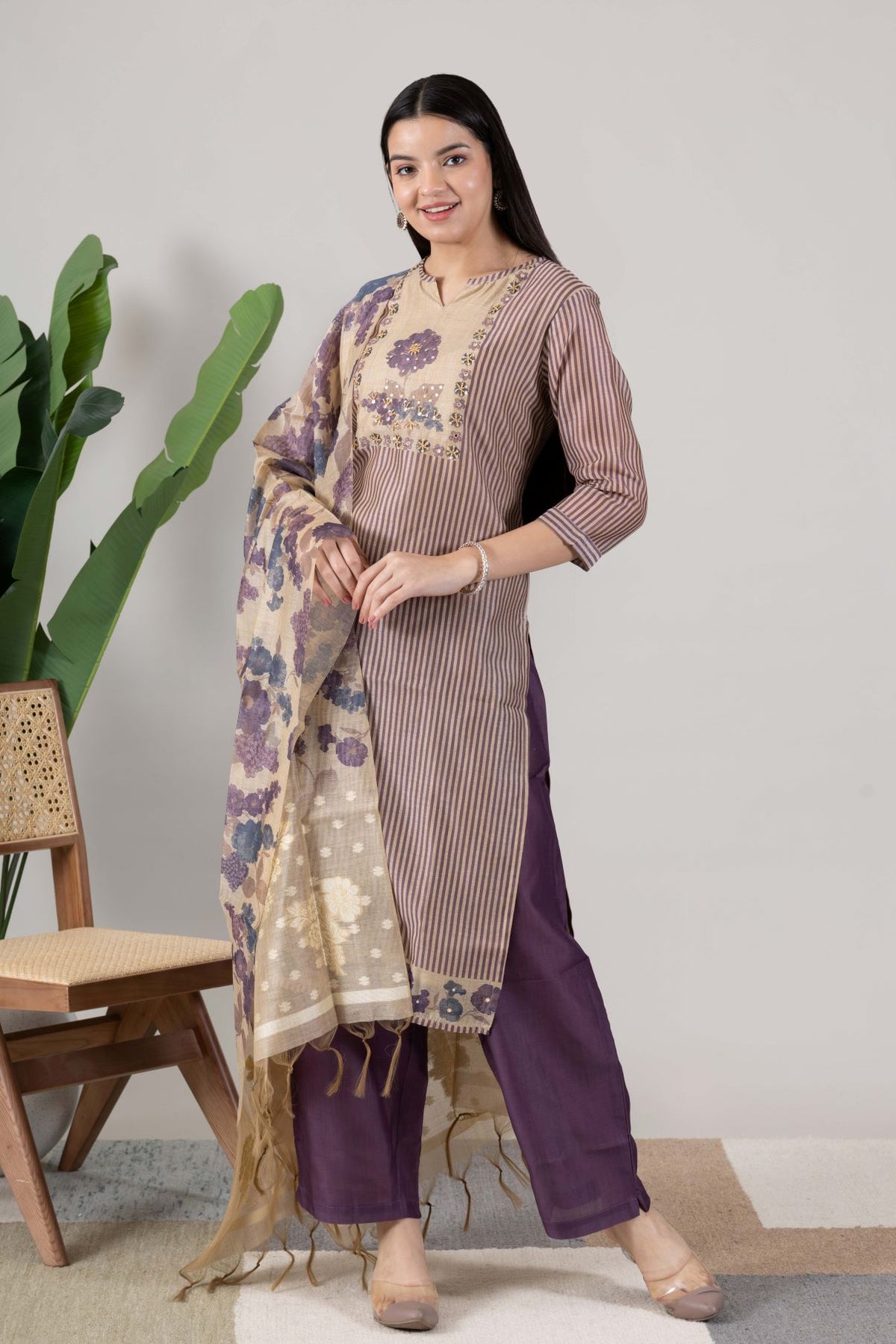 KUDIORY Women Purple Striped Kurta with Floral Printed Dupatta & Straight Pants