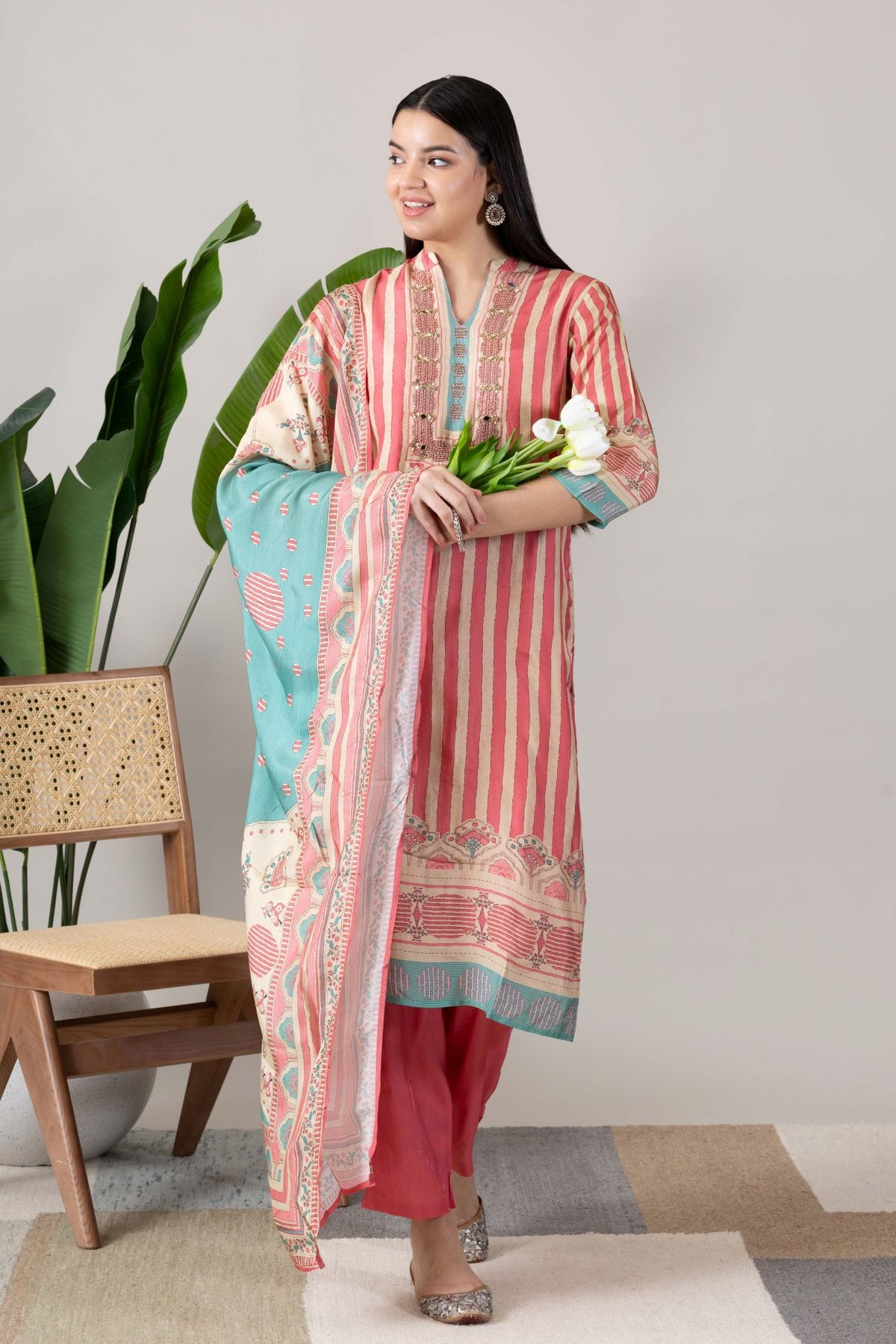 KUDIORY Women Pink Striped Printed Kurta with Trousers & Dupatta Set