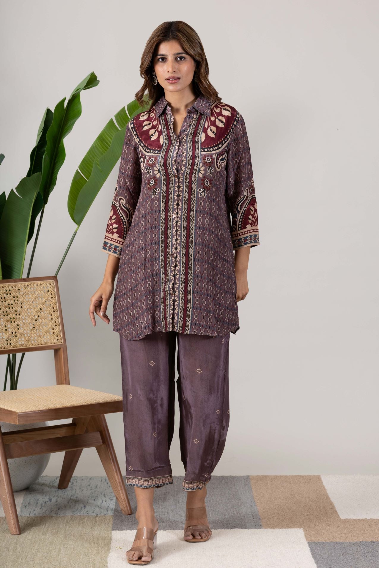 KUDIORY Women Mauve & Maroon Printed Straight Kurta with Matching Palazzos Ethnic Co-Ord Set