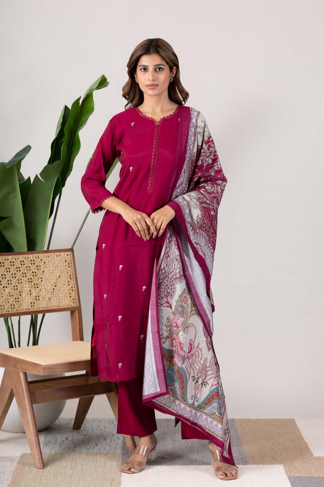 KUDIORY Women Magenta Embroidered Straight Kurta with Printed Dupatta & Trousers