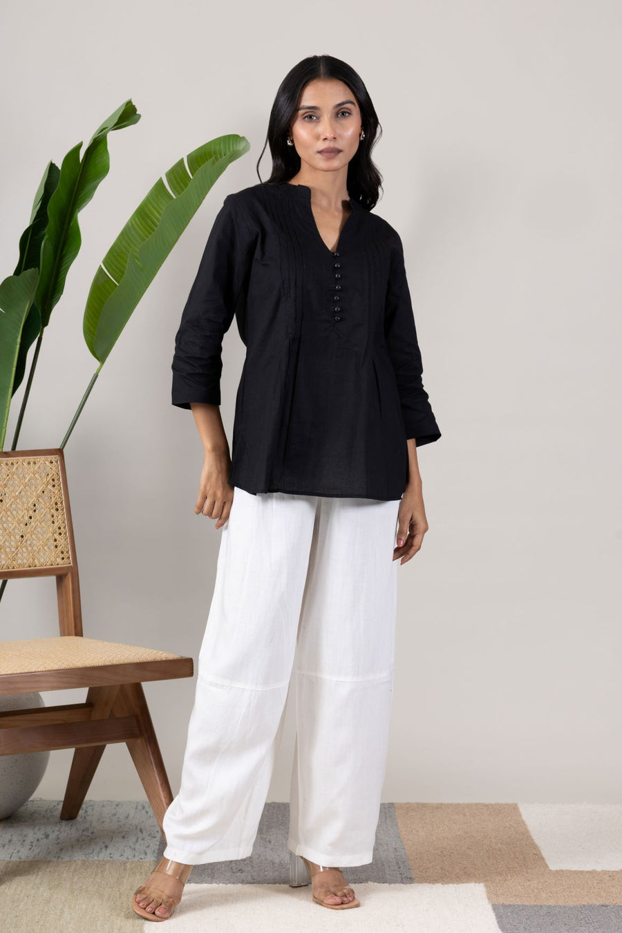 KUDIORY Women Black Solid Mandarin Collar Pleated Shirt