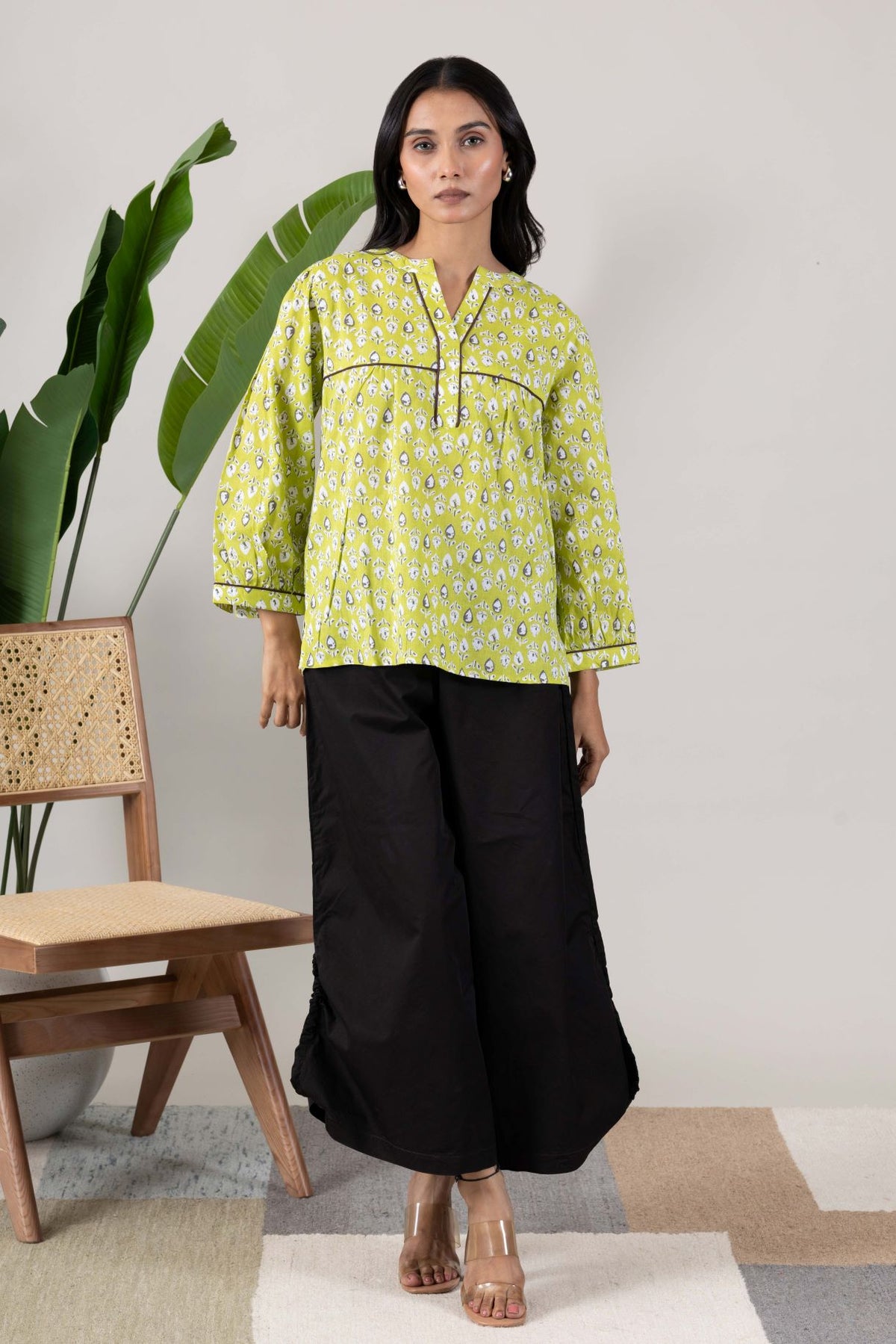 KUDIORY Women Lime Green Floral Printed V-Neck Top with Bell Sleeves