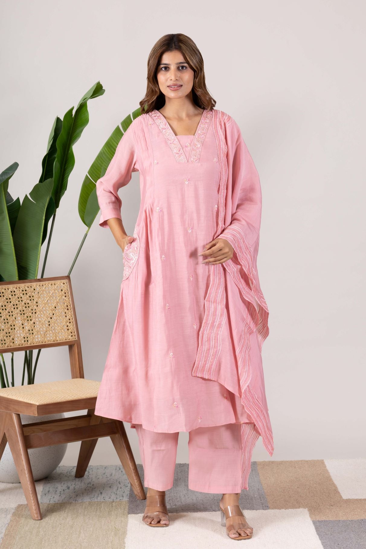 KUDIORY Women’s Pink Embroidered Kurta with Trousers & Dupatta