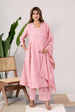 KUDIORY Women’s Pink Embroidered Kurta with Trousers & Dupatta