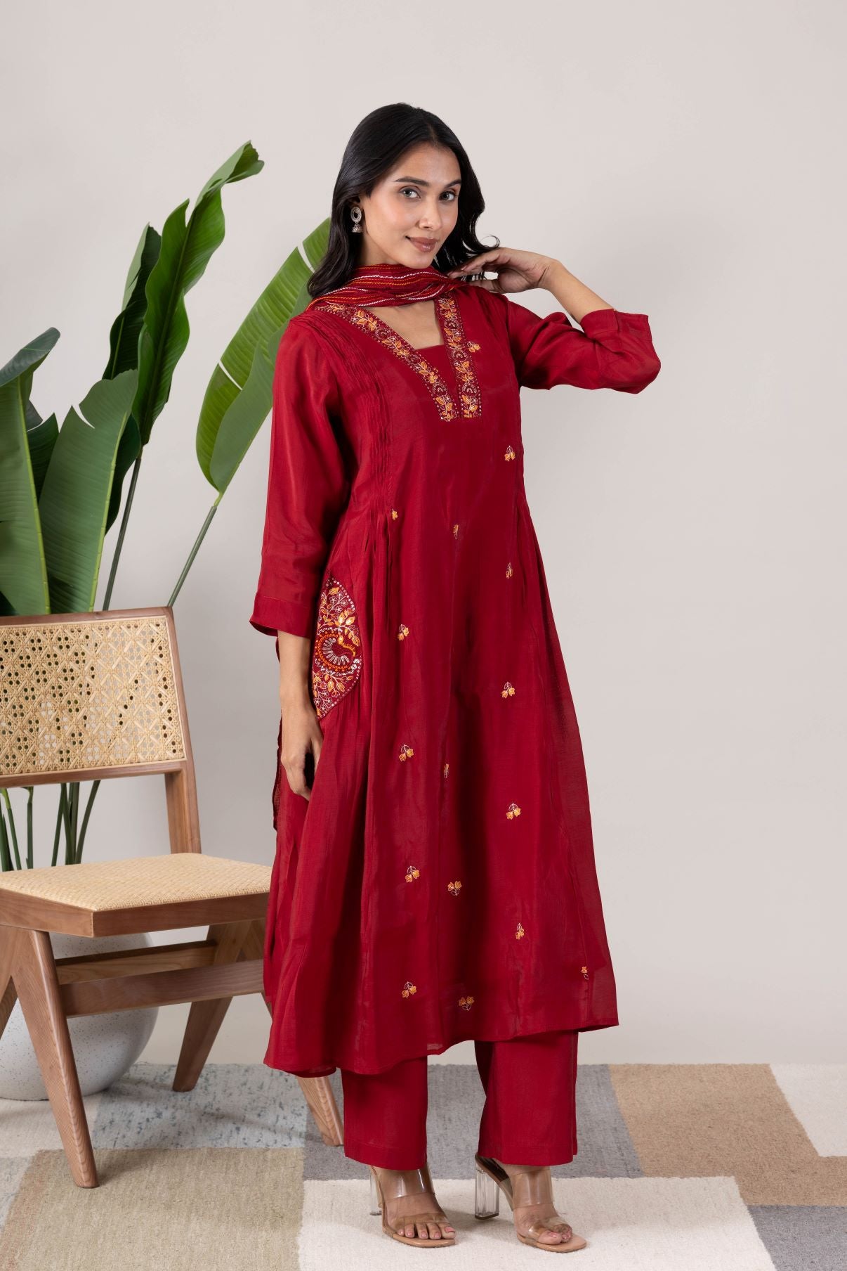 KUDIORY Women’s Maroon Embroidered Kurta with Trousers & Dupatta