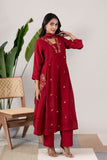 KUDIORY Women’s Maroon Embroidered Kurta with Trousers & Dupatta