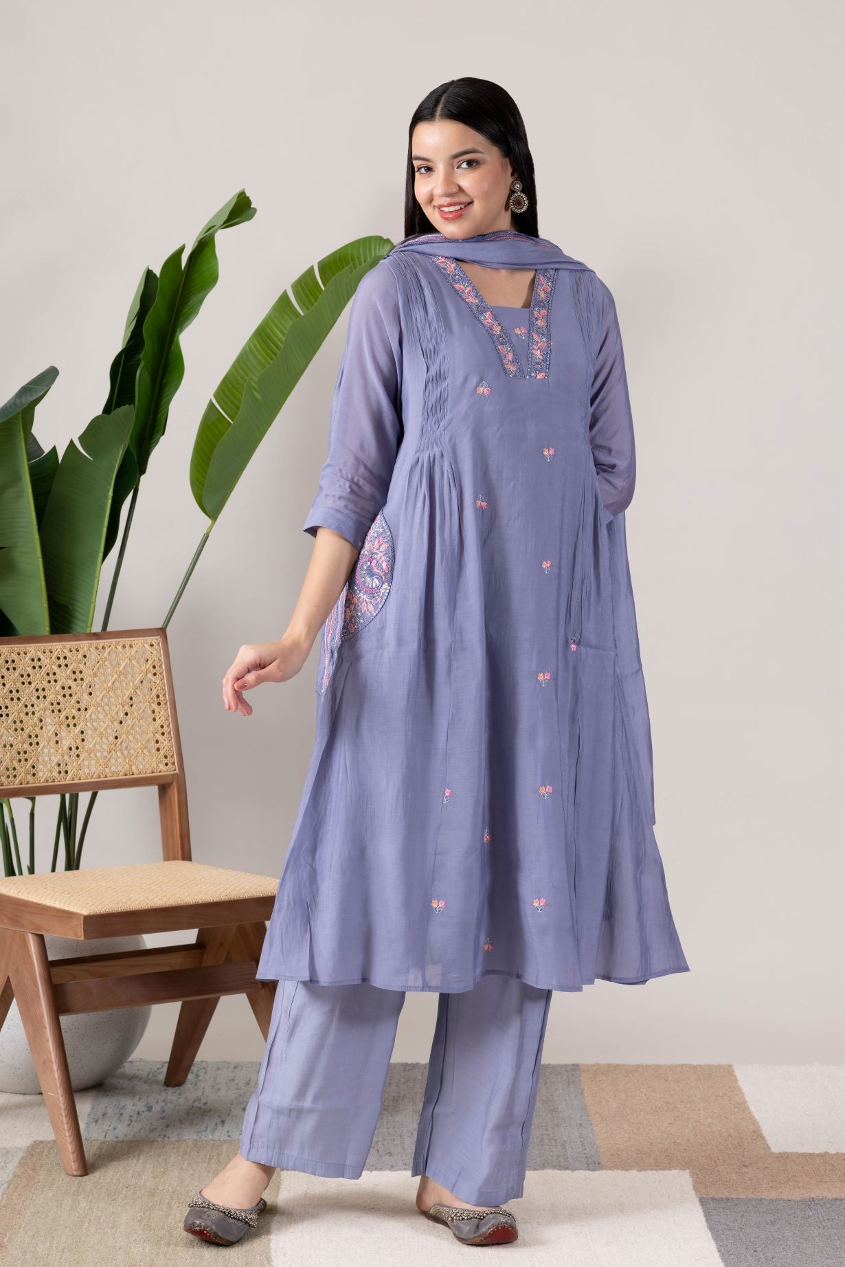 KUDIORY Women’s Grey Embroidered Kurta with Trousers & Dupatta