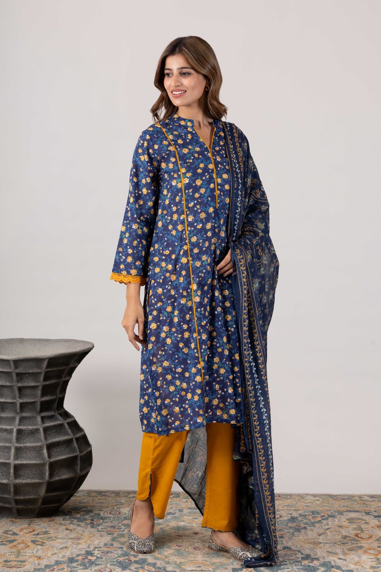 KUDIORY Women’s Navy Blue Floral Printed Kurta with Mustard Trousers & Dupatta