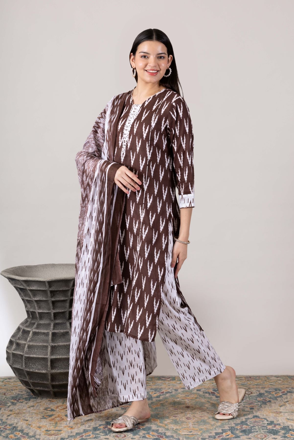 KUDIORY Women’s Brown Ikat Printed Kurta with Trousers & Dupatta