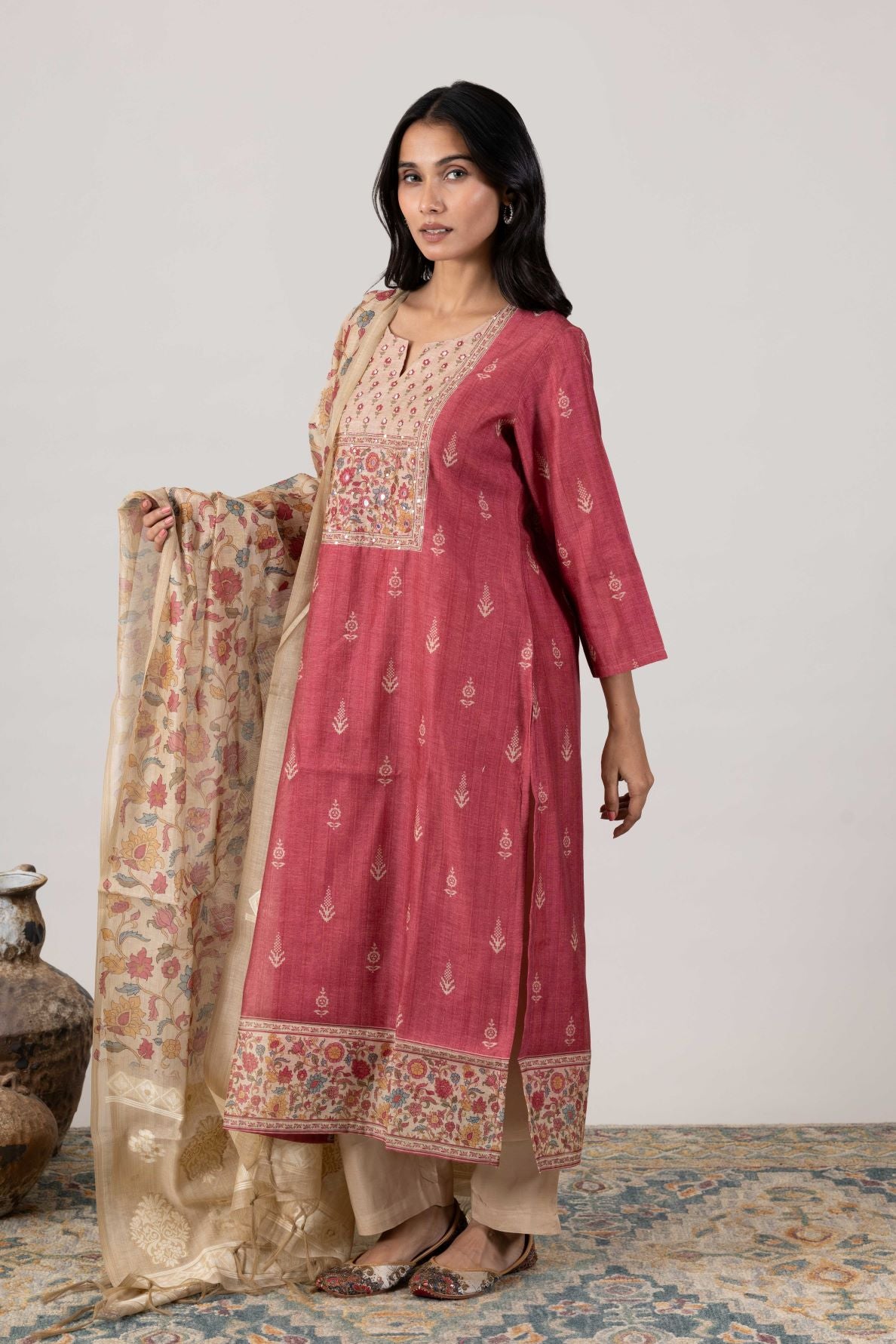 KUDIORY Women’s Maroon Floral Printed Kurta with Beige Trousers & Printed Dupatta