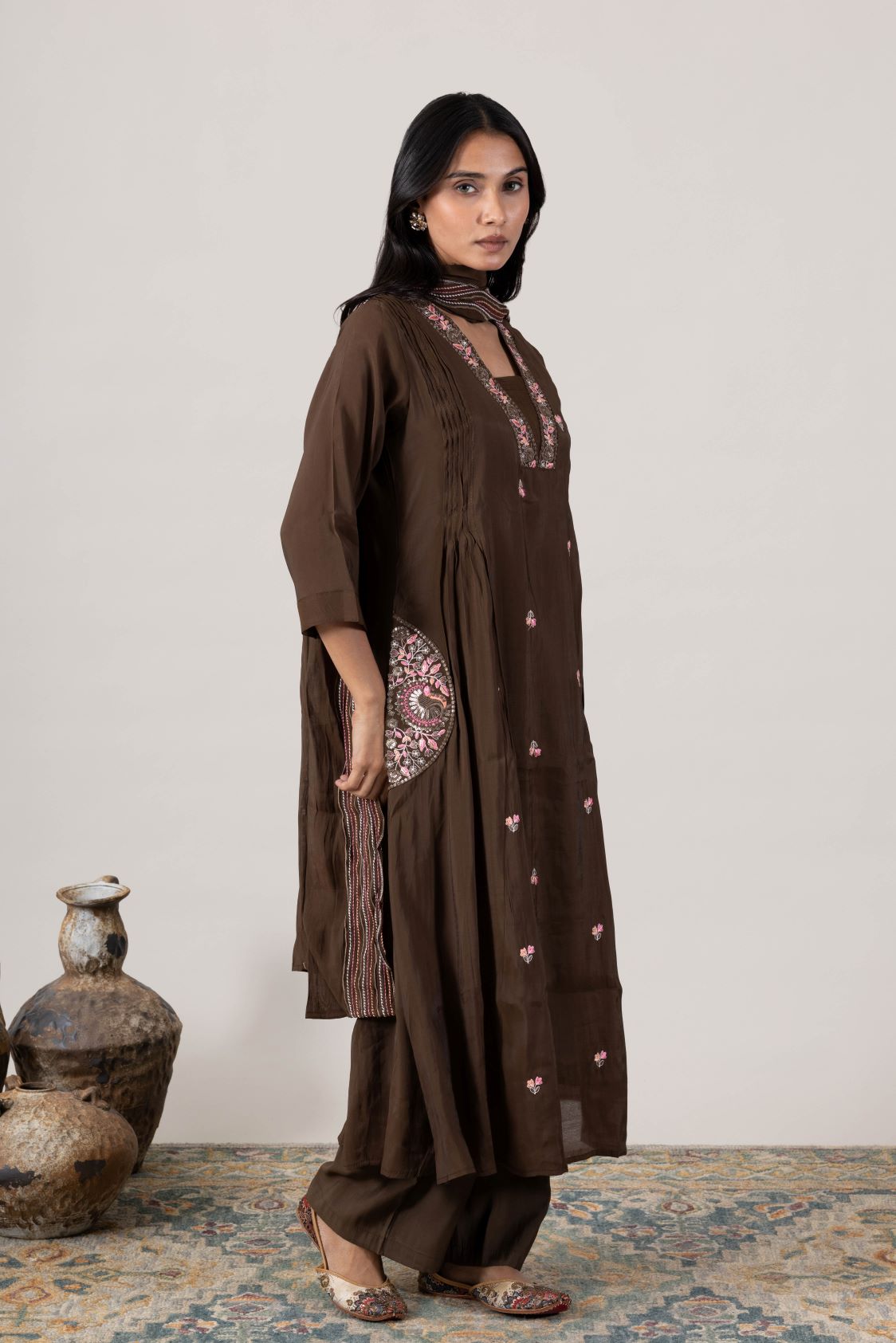 KUDIORY Women’s Brown Embroidered A-Line Kurta with Straight Trousers & Dupatta