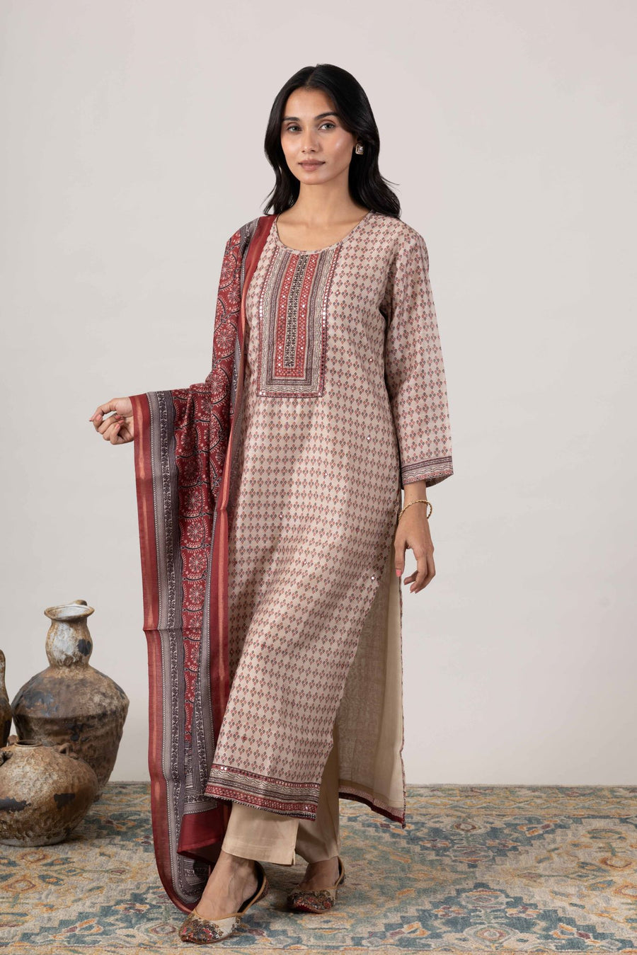 KUDIORY Women’s Beige & Maroon Printed Straight Kurta with Trousers & Dupatta
