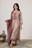 KUDIORY Women’s Beige & Maroon Printed Straight Kurta with Trousers & Dupatta