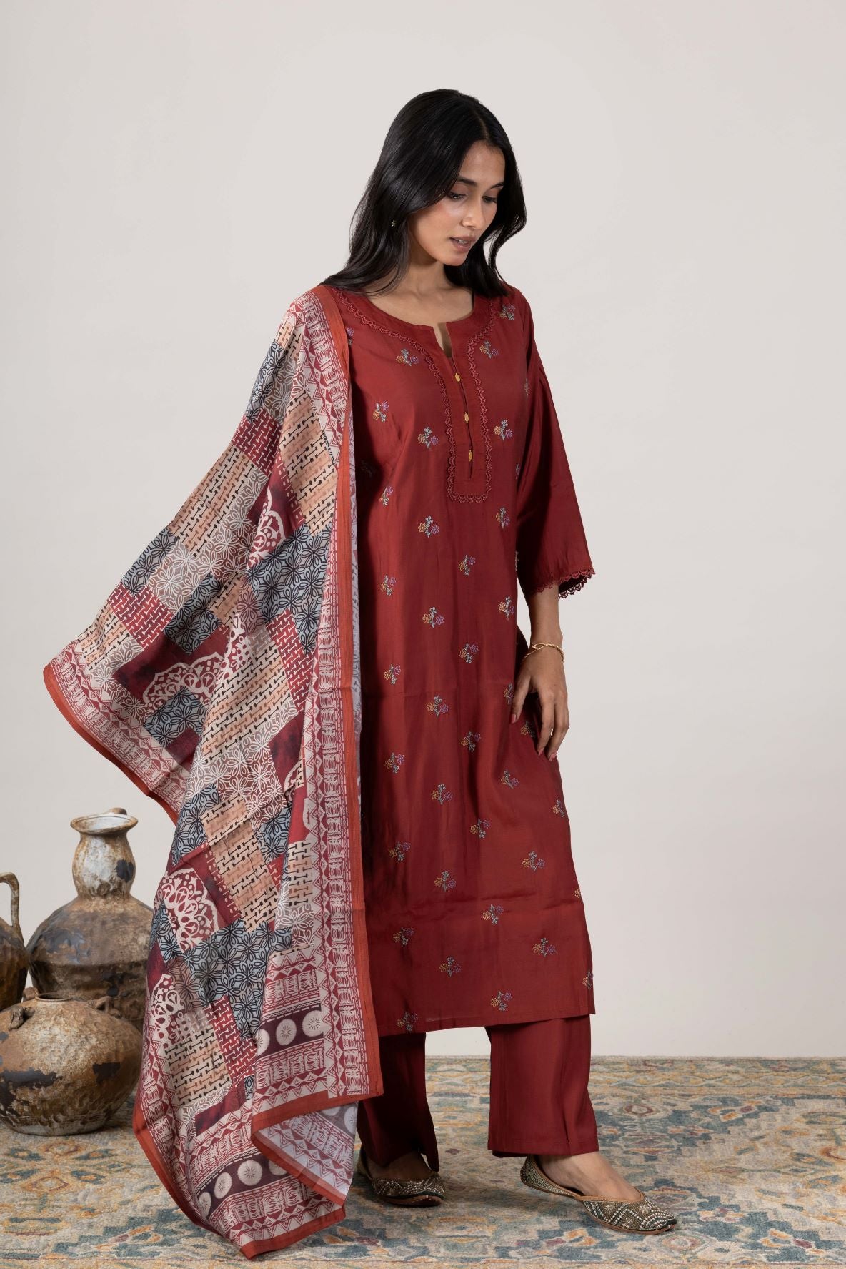 KUDIORY Women Maroon Embroidered Kurta with Trousers & Printed Dupatta
