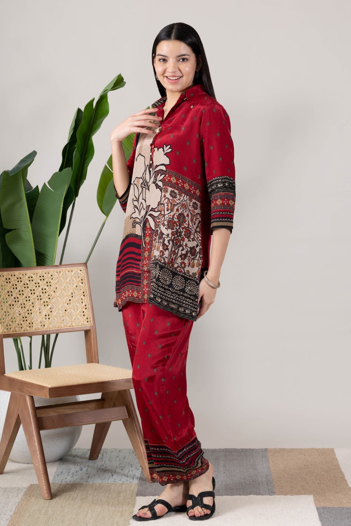 KUDIORY Women’s Red Printed Kurta with Palazzo Pants Co-Ord Set