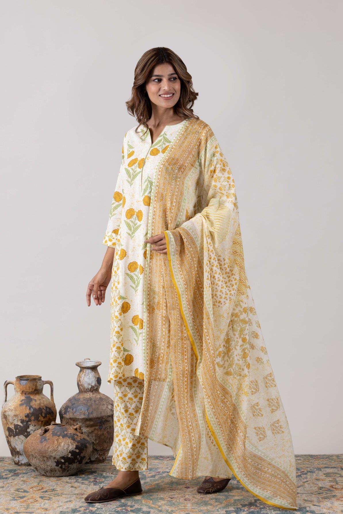 KUDIORY Women White & Mustard Yellow Floral Printed Kurta with Trousers & Dupatta