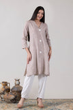 KUDIORY Women Beige Solid Asymmetrical Hem Kurta with White Palazzos