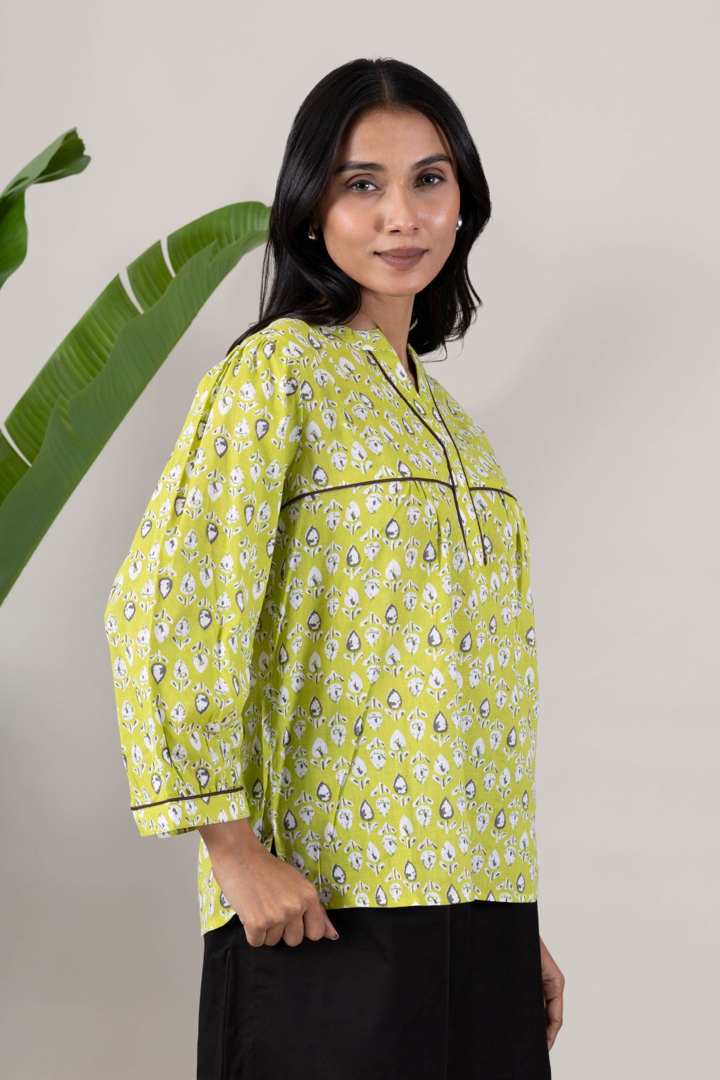KUDIORY Women Lime Green Floral Printed V-Neck Top with Bell Sleeves