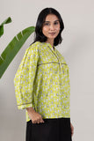 KUDIORY Women Lime Green Floral Printed V-Neck Top with Bell Sleeves