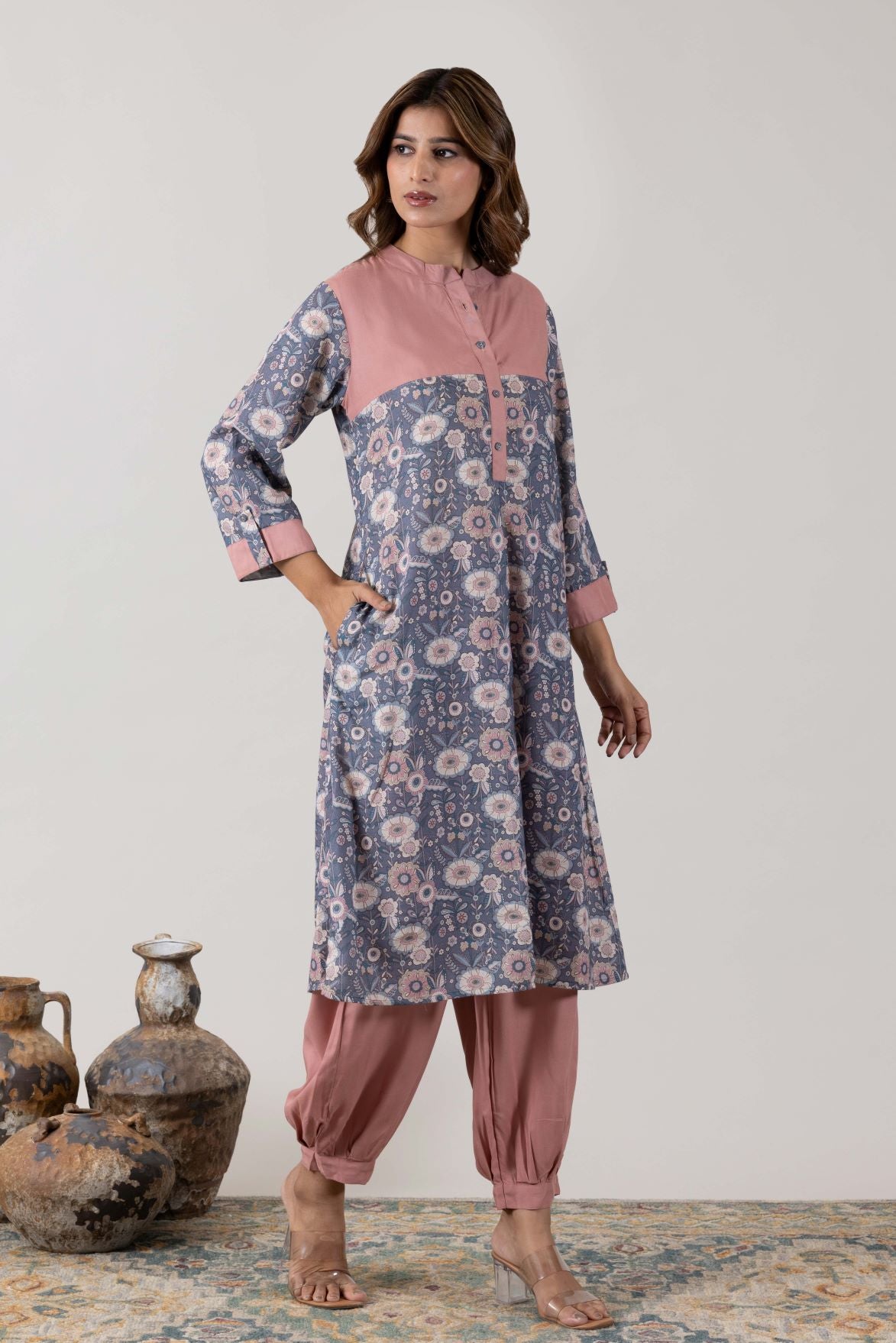 KUDIORY Women Mauve Floral Printed A-Line Kurta with Patiala Pants