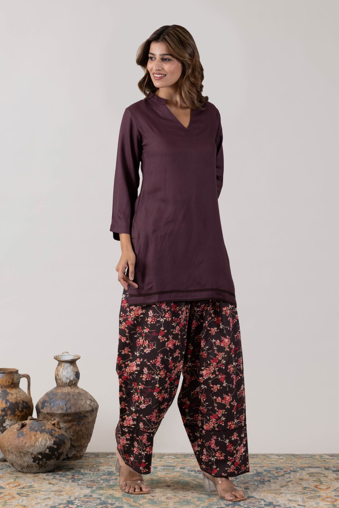 KUDIORY Women Purple Solid Kurta with Black Floral Printed Patiala Pants
