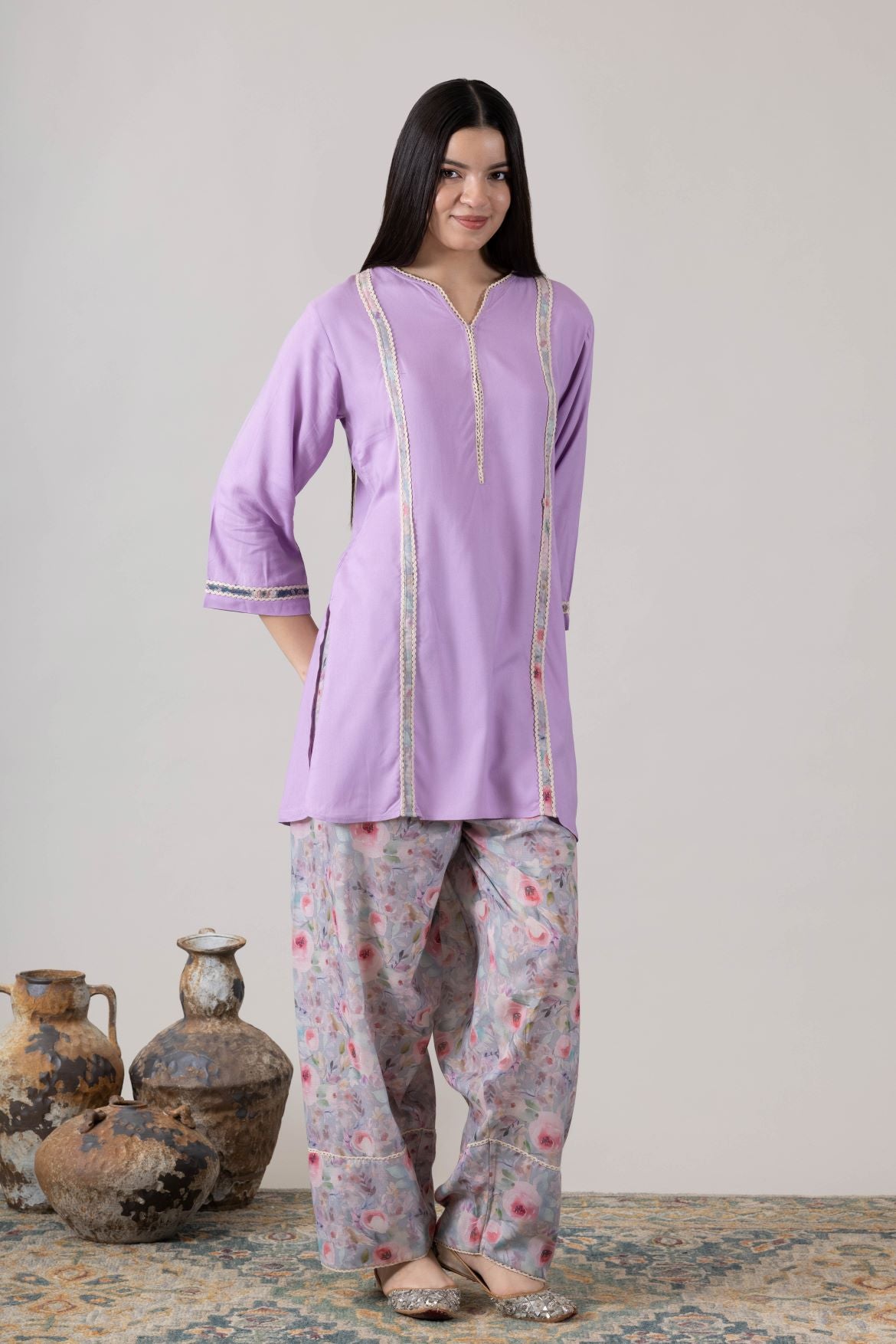 KUDIORY Women Lavender Solid Kurta with Floral Printed Salwar Set