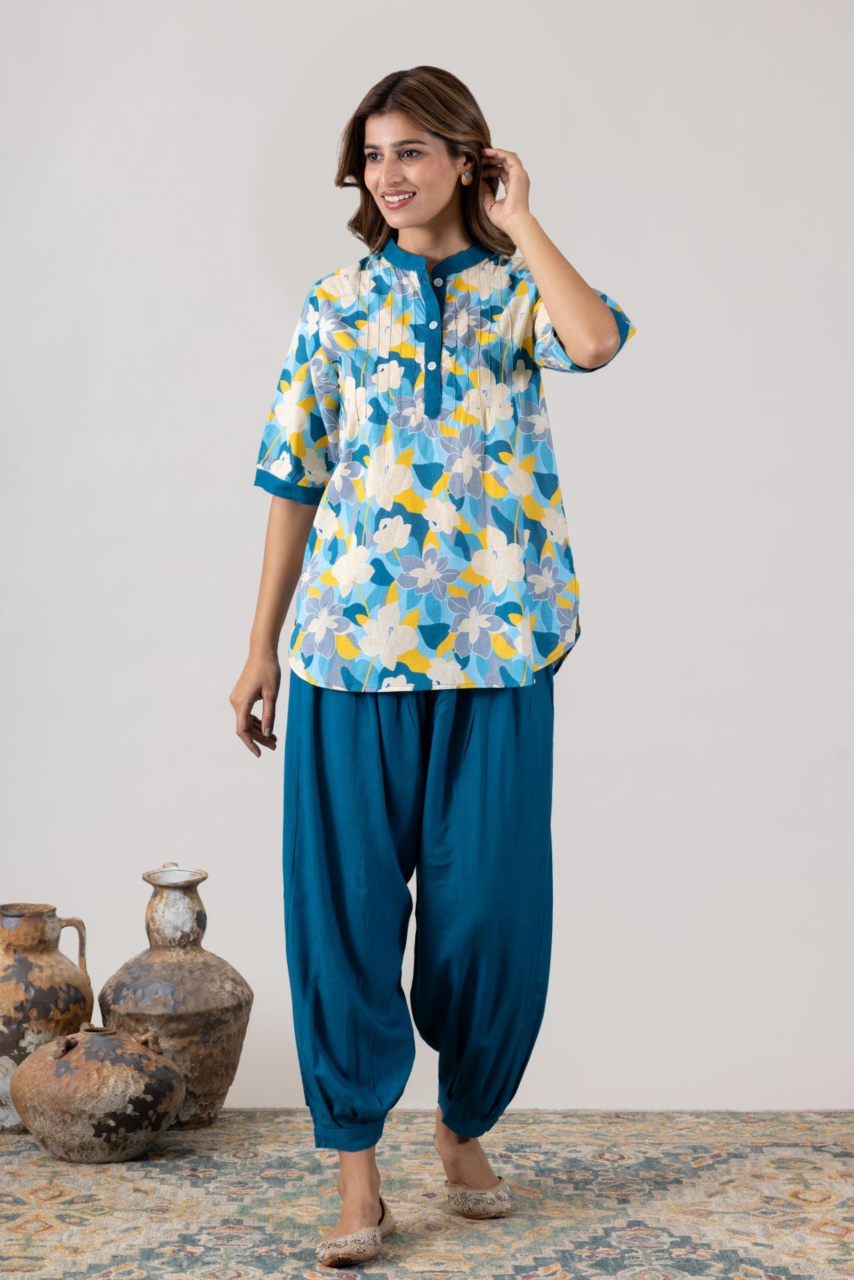 KUDIORY Women’s Blue Floral Printed Short Sleeve Kurta with Solid Patiala Salwar