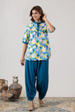 KUDIORY Women’s Blue Floral Printed Short Sleeve Kurta with Solid Patiala Salwar