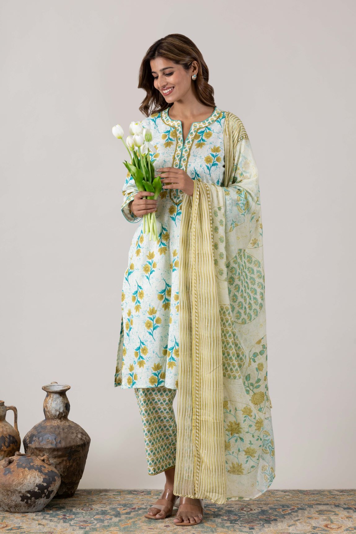 KUDIORY Women’s White & Teal Floral Printed Kurta with Printed Bottom & Dupatta