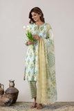 KUDIORY Women’s White & Teal Floral Printed Kurta with Printed Bottom & Dupatta