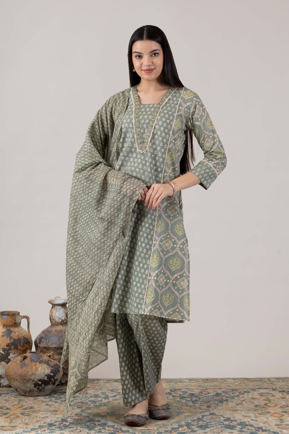 KUDIORY Women’s Green Printed Kurta with Printed Trousers & Dupatta
