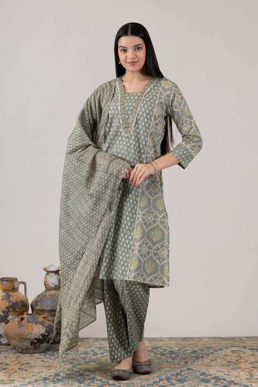 KUDIORY Women’s Green Printed Kurta with Printed Trousers & Dupatta