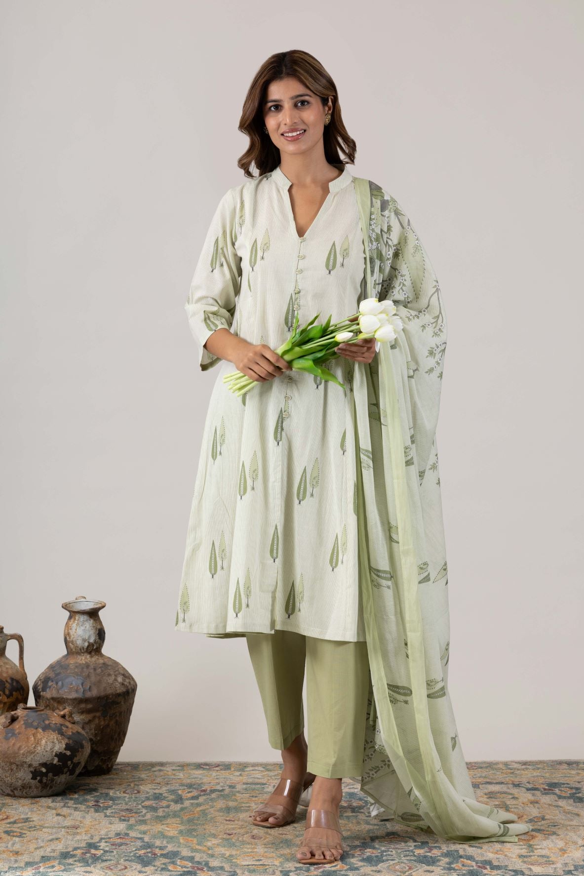 KUDIORY Women’s Off-White & Olive Green Printed Kurta with Trousers & Dupatta
