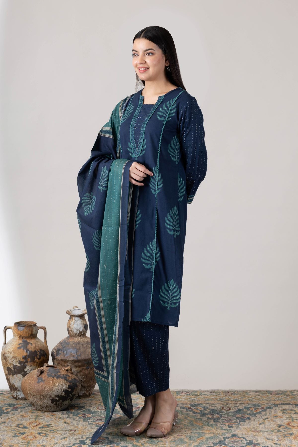 KUDIORY Women’s Navy Blue & Teal Printed Kurta with Trousers & Dupatta