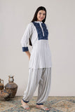 KUDIORY Women White & Navy Blue Striped Printed Kurta with Palazzos
