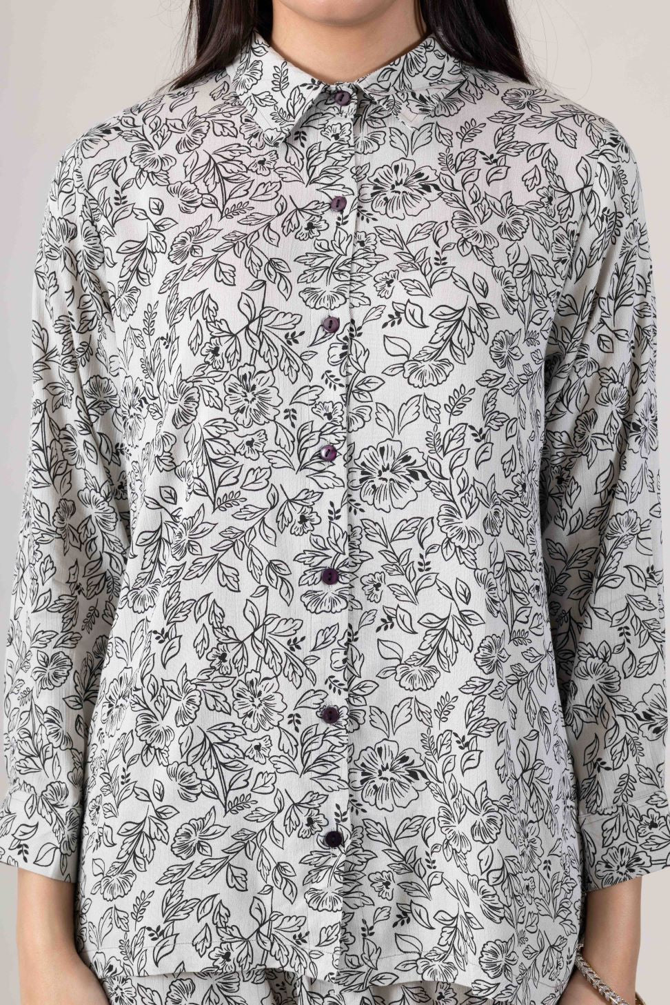 KUDIORY Women White Floral Printed Co-Ord Set with Shirt & Wide-Leg Trousers