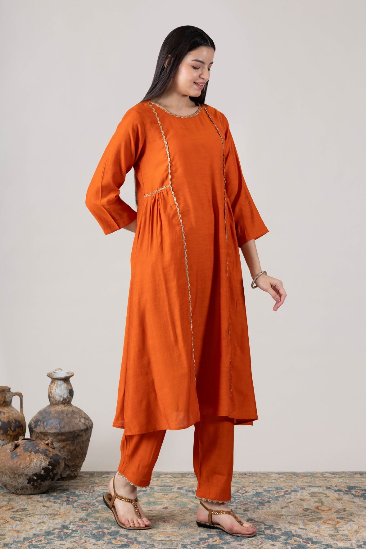 KUDIORY Women Orange Solid Asymmetrical Kurta with Trousers