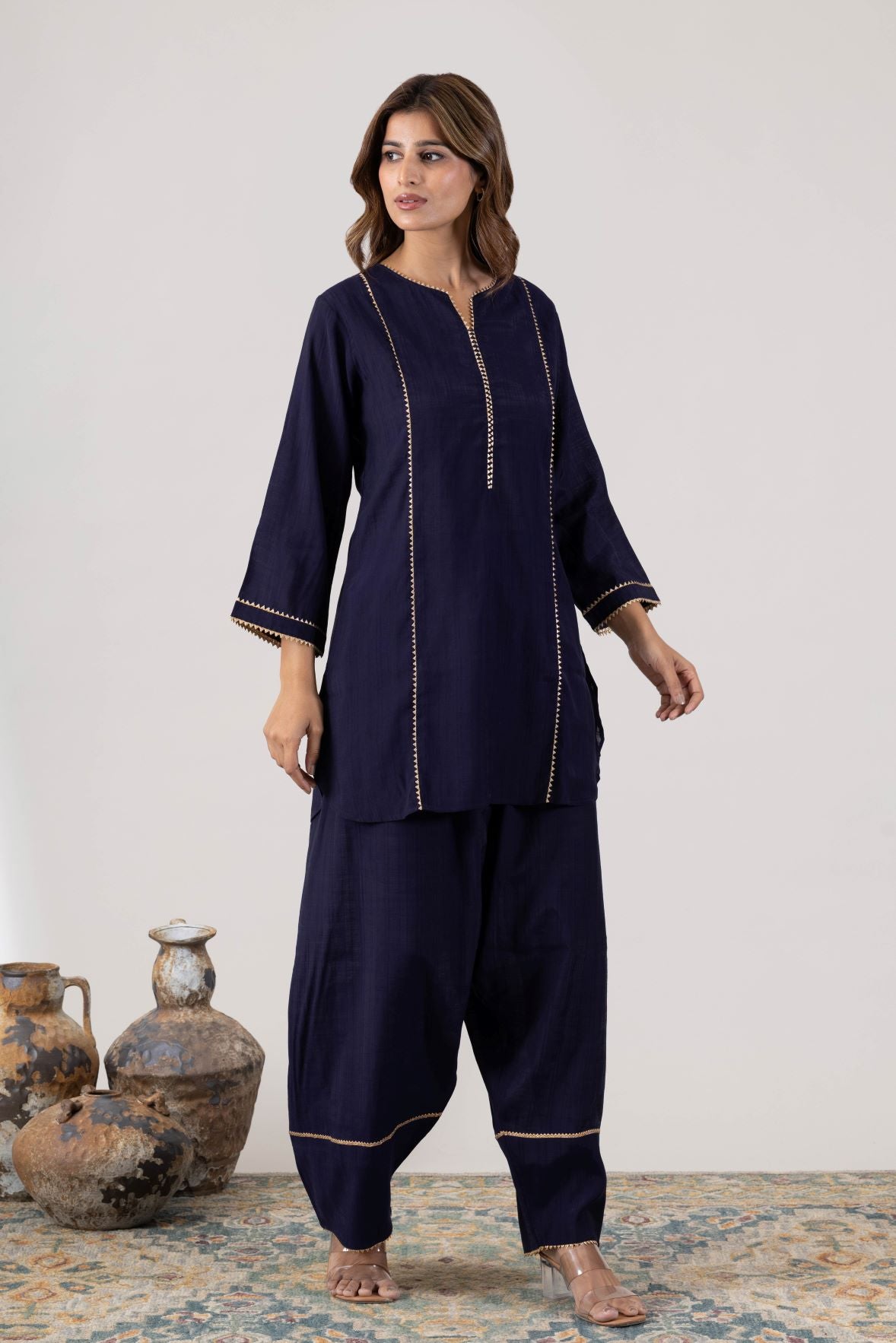KUDIORY Women Navy Blue Solid Kurta with Wide-Leg Trousers