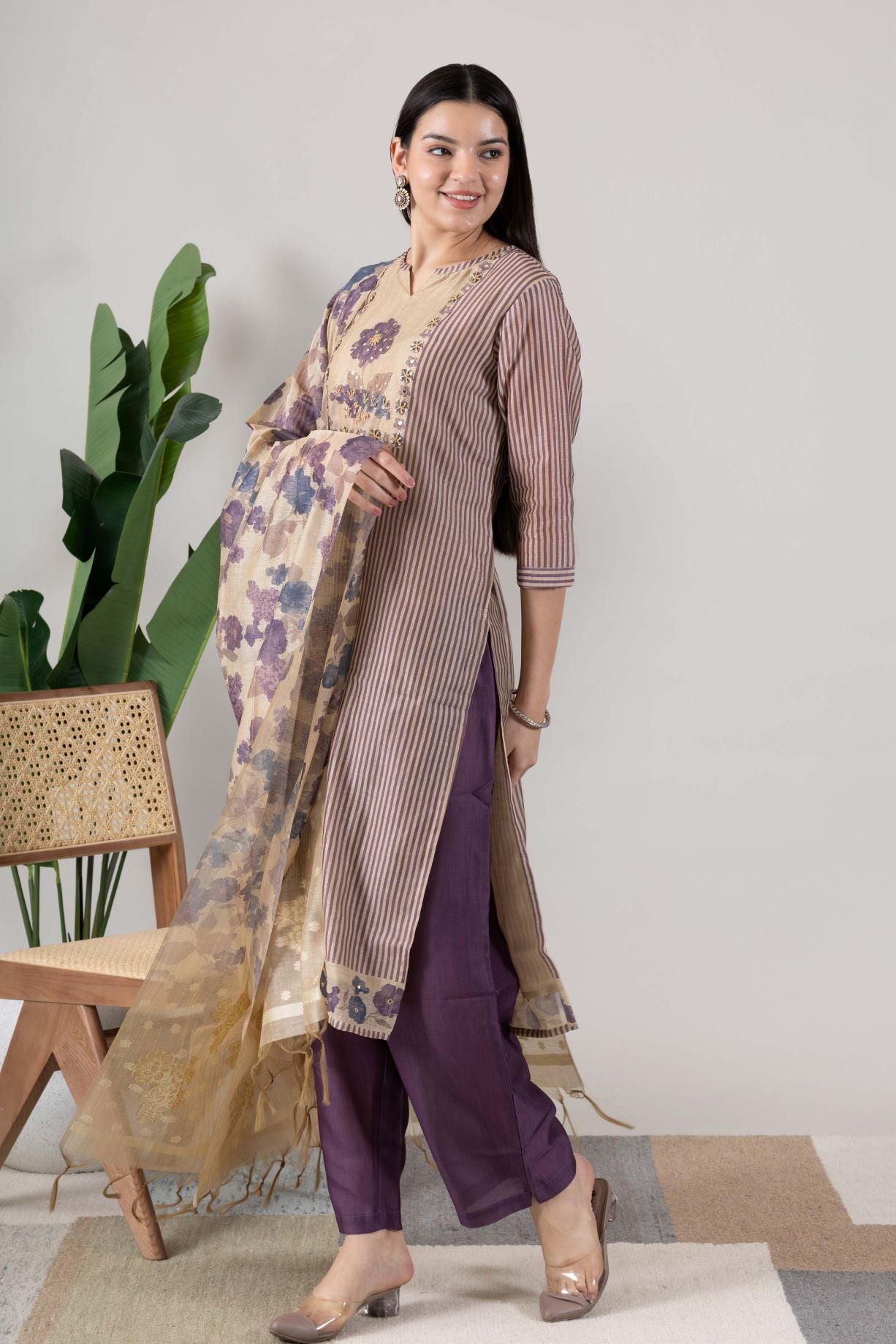 KUDIORY Women Purple Striped Kurta with Floral Printed Dupatta & Straight Pants