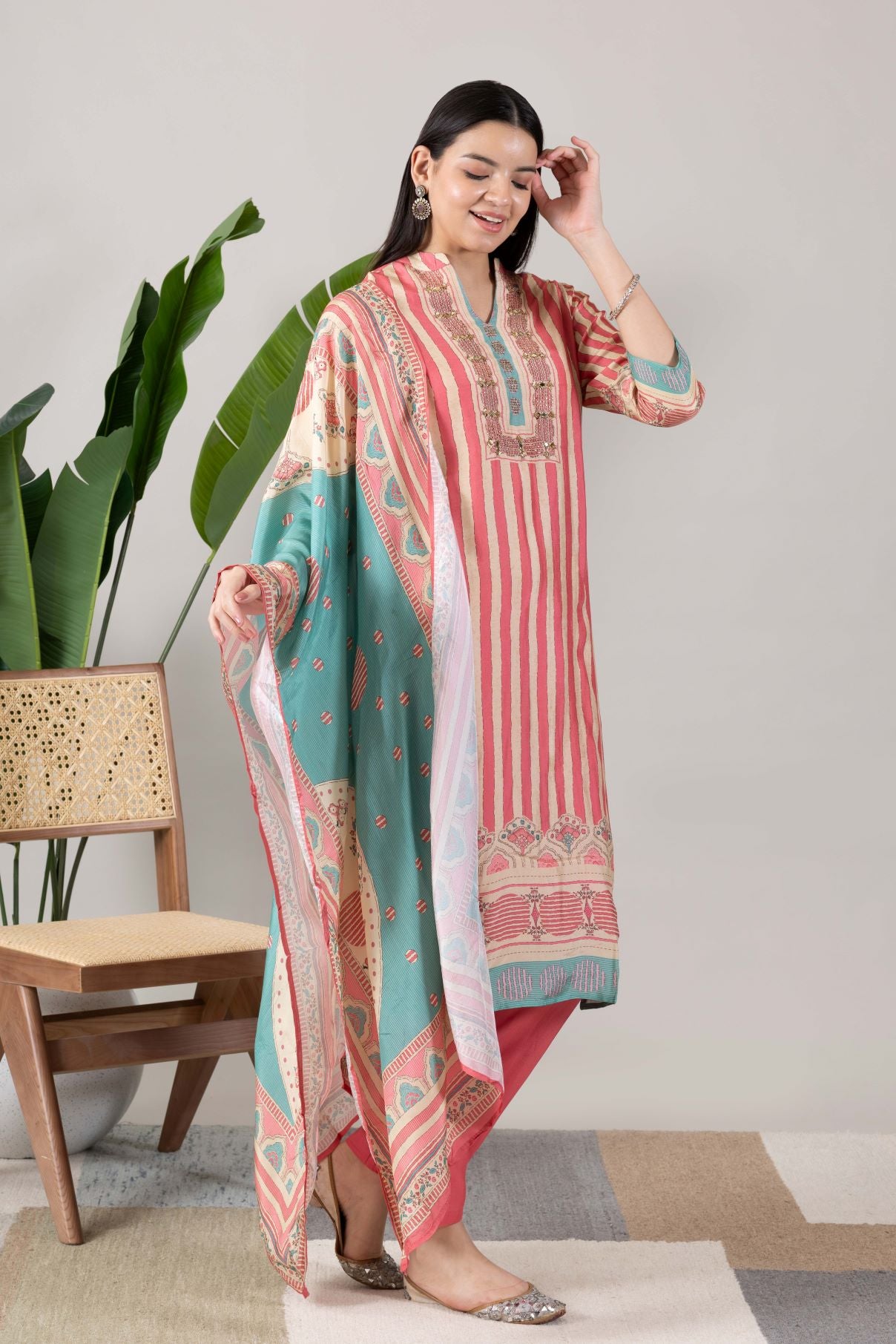 KUDIORY Women Pink Striped Printed Kurta with Trousers & Dupatta Set
