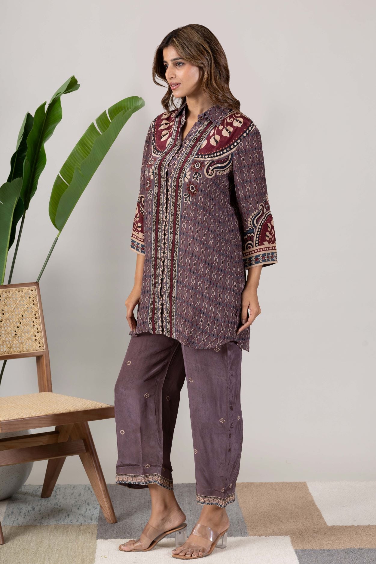 KUDIORY Women Mauve & Maroon Printed Straight Kurta with Matching Palazzos Ethnic Co-Ord Set