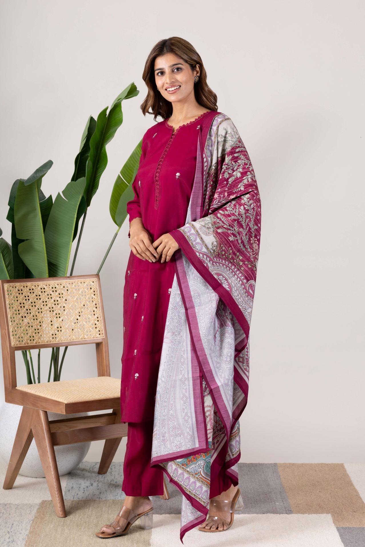 KUDIORY Women Magenta Embroidered Straight Kurta with Printed Dupatta & Trousers