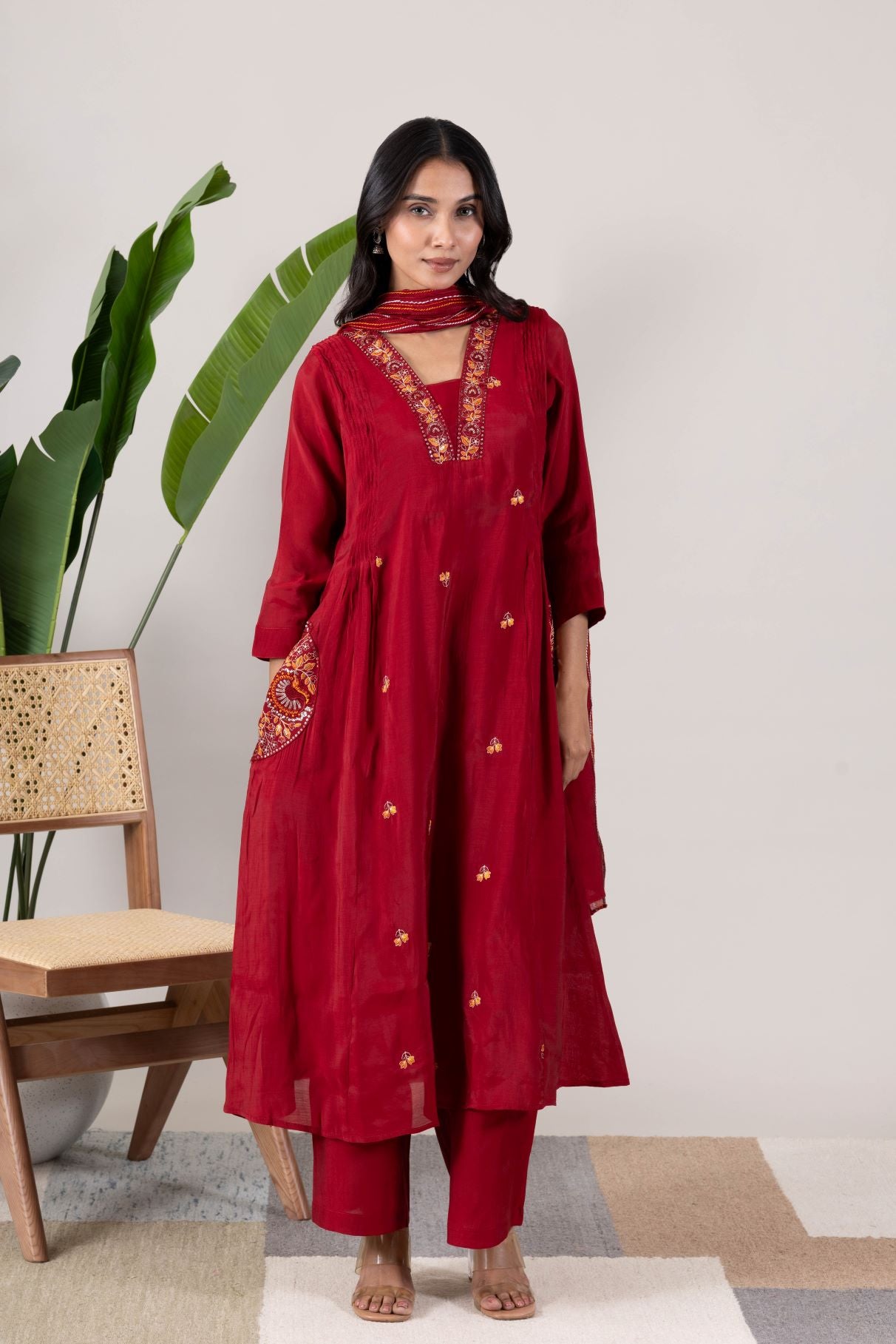 KUDIORY Women’s Maroon Embroidered Kurta with Trousers & Dupatta