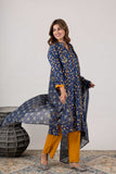 KUDIORY Women’s Navy Blue Floral Printed Kurta with Mustard Trousers & Dupatta