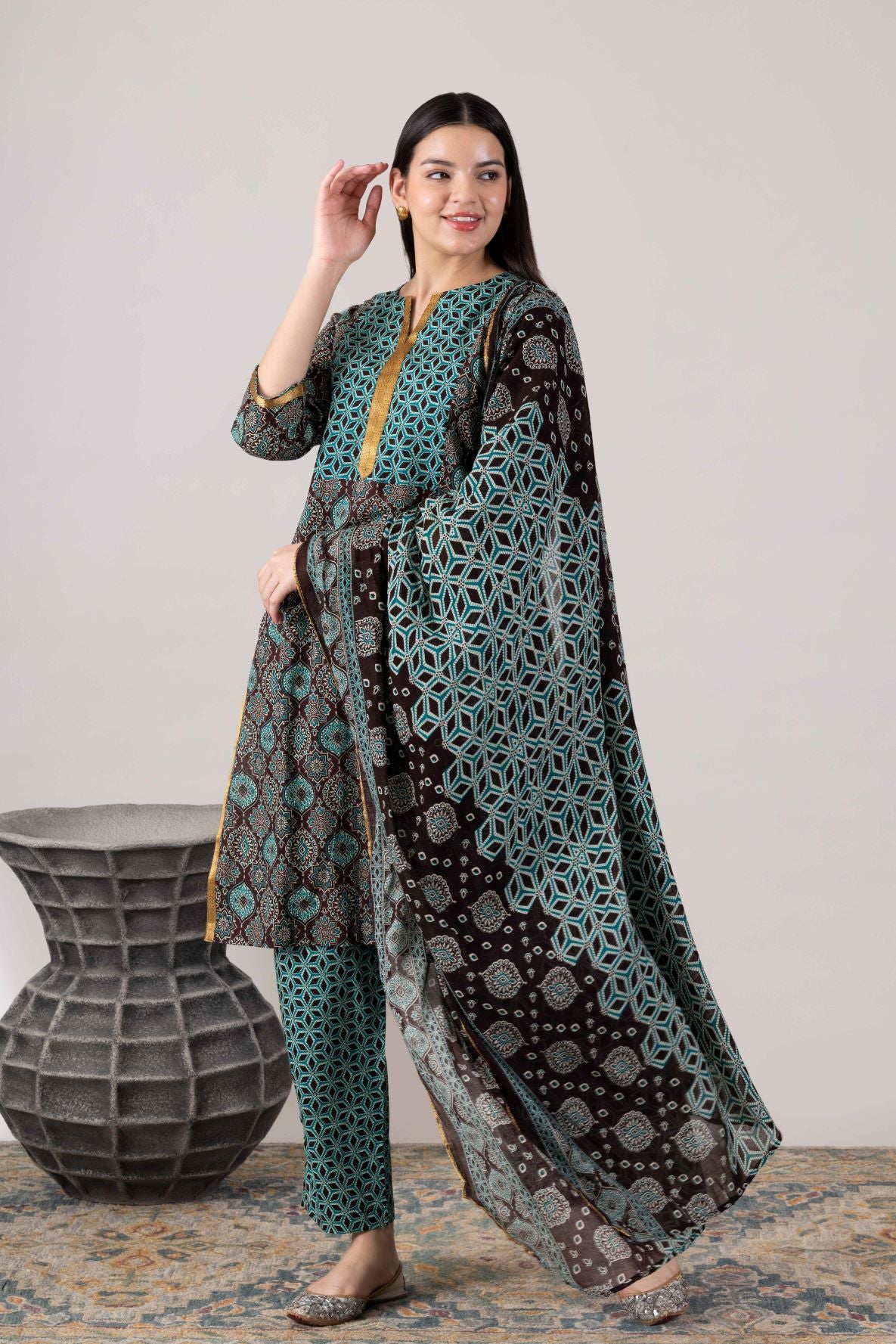 KUDIORY Women’s Brown & Teal Geometric Printed Kurta with Trousers & Dupatta