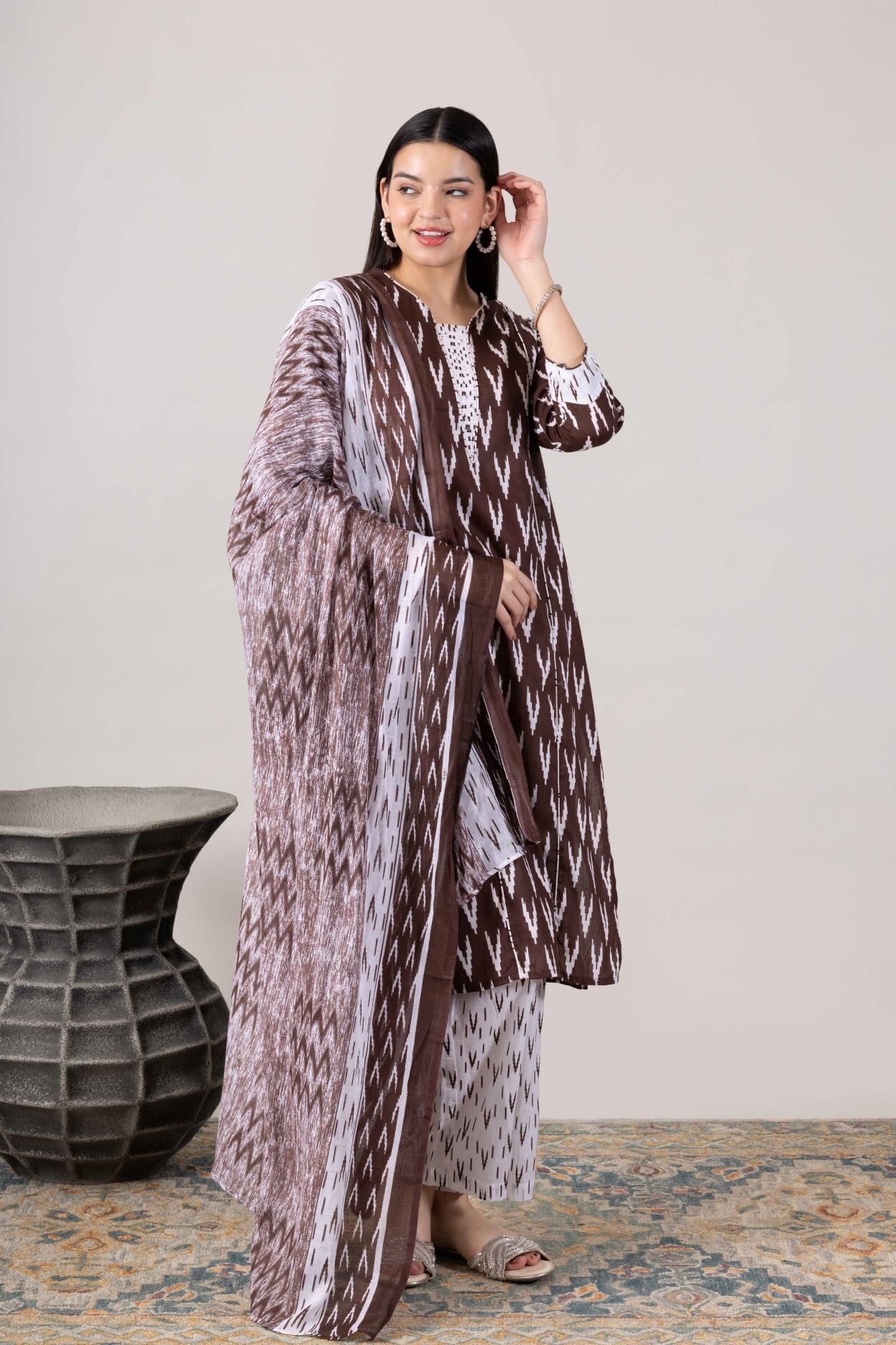 KUDIORY Women’s Brown Ikat Printed Kurta with Trousers & Dupatta