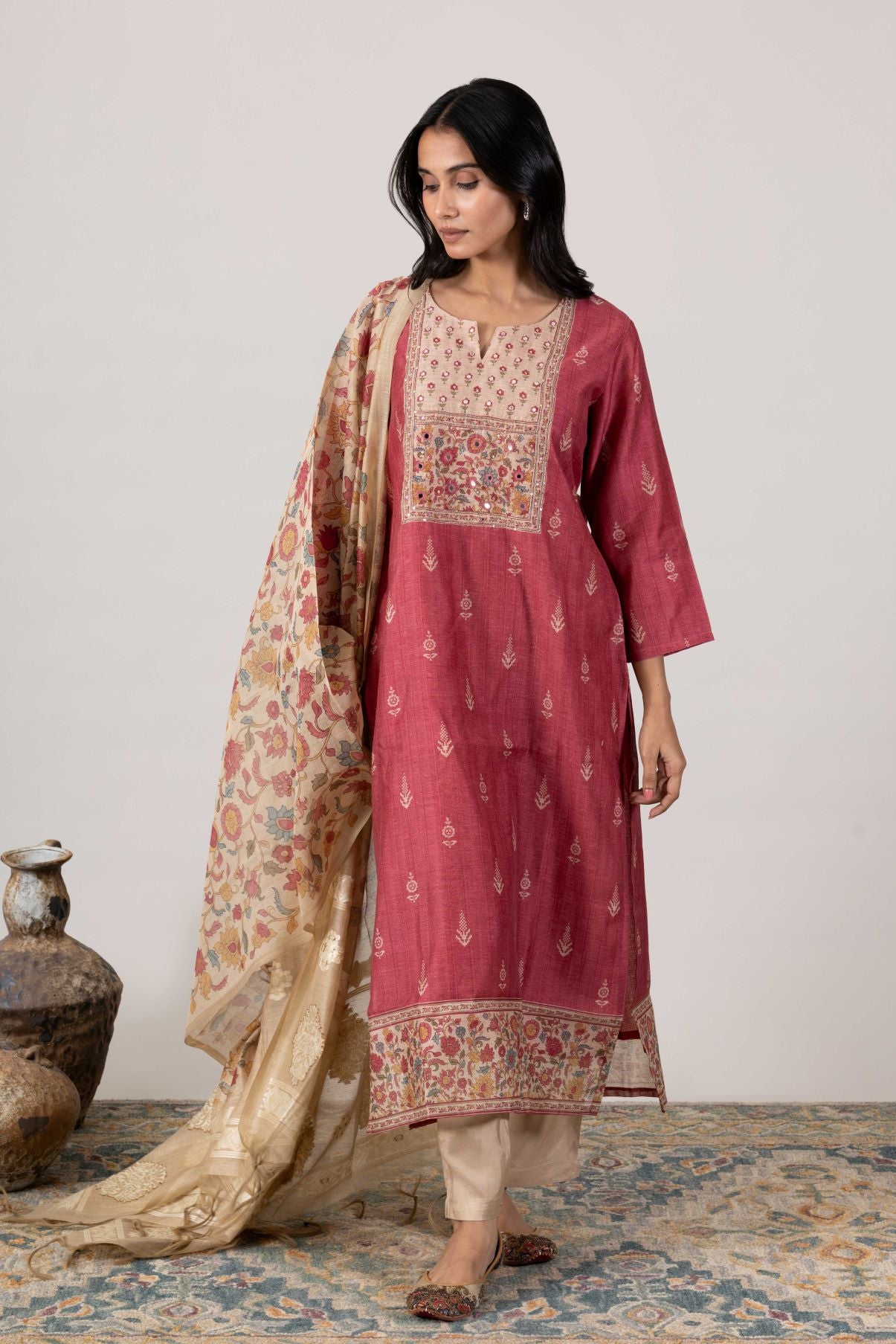 KUDIORY Women’s Maroon Floral Printed Kurta with Beige Trousers & Printed Dupatta