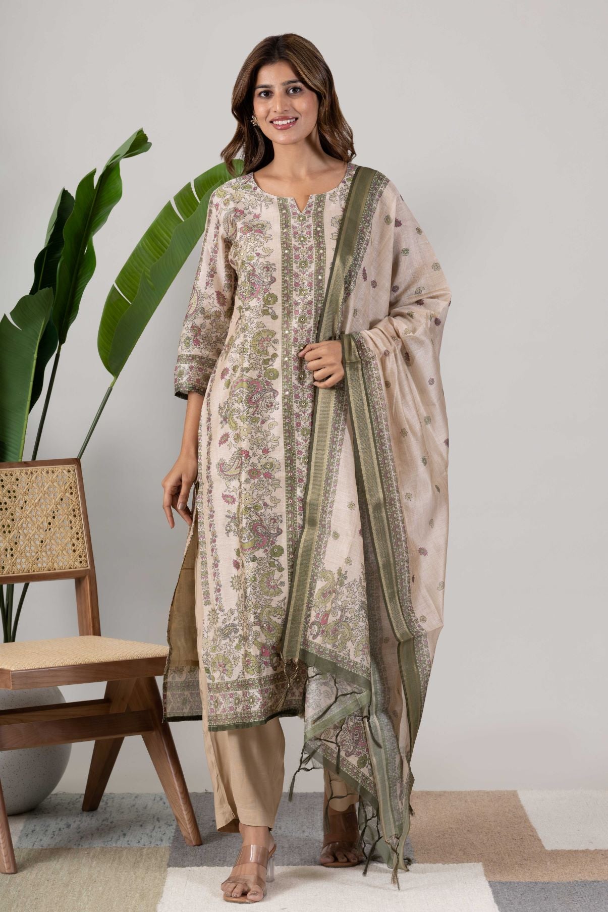 KUDIORY Women Ethnic Motifs Printed Regular Chanderi Cotton Kurta with Palazzos & With Dupatta