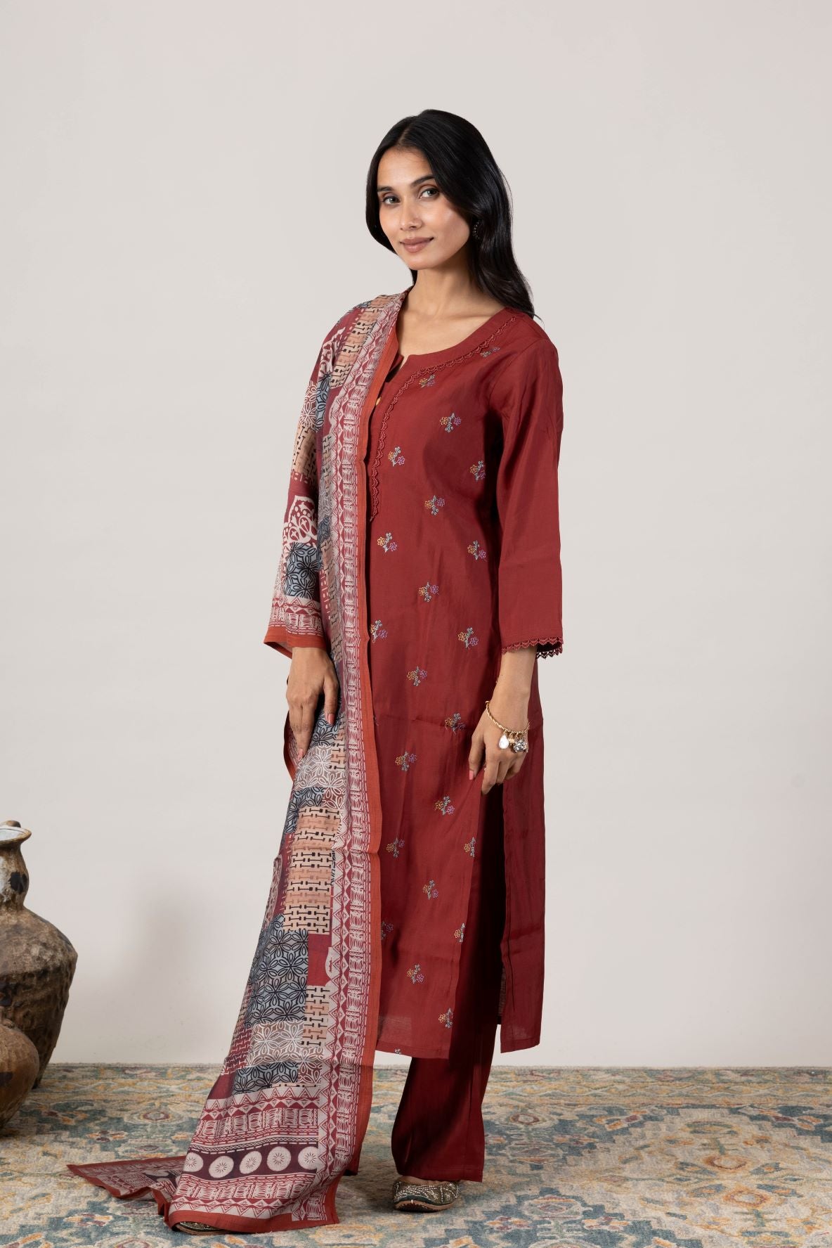 KUDIORY Women Maroon Embroidered Kurta with Trousers & Printed Dupatta
